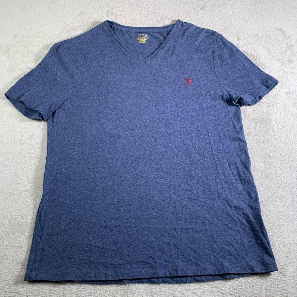 Polo Ralph Lauren Shirt Mens Large Blue V Neck Custom Slim Fit Pony Logo‎ Tee